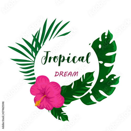 Tropical set of leaves and flowers. Fashion design. Vector illustration.