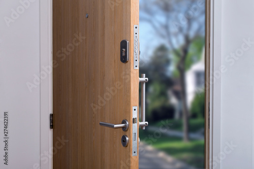 Security. Door of a family home. Close-up of the lock in an armored door in a house. Reinforced door.