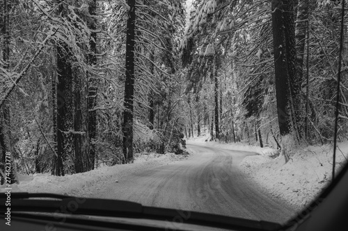 Frozen road highway 120 towards Yosemite, black and white rendering, dangerous driving conditions