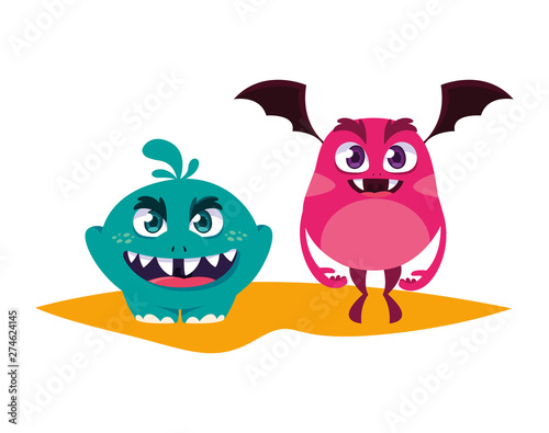 funny monsters couple comic characters colorful