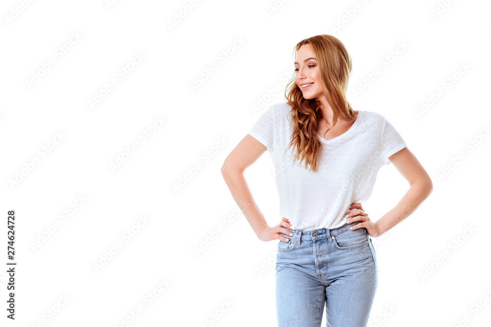 Portrait of emotive good-looking caucasian woman laughing while looking aside and standing against white background. Portrait of emotive good-looking caucasian woman laughing while looking aside and standing against white background.