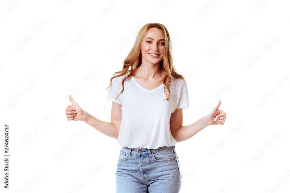 Obraz premium Headshot Portrait of happy ginger girl with freckles smiling looking at camera. White background.