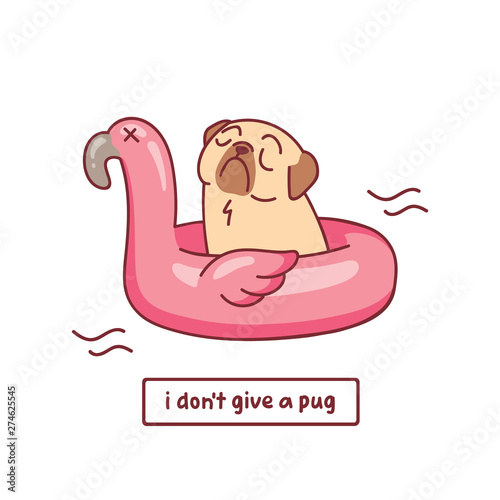 Fotografiet cartoon pug dog character in flamingo swimming ring vector illustration with han