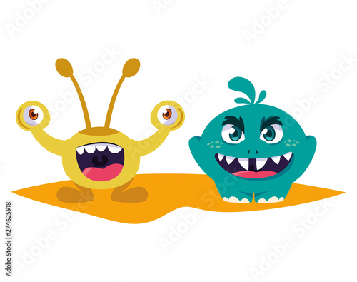 funny monsters couple comic characters colorful