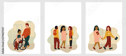Girl in a wheelchair, children talking. Postcards or posters with space for text. Back to school concept. Flat vector illustration