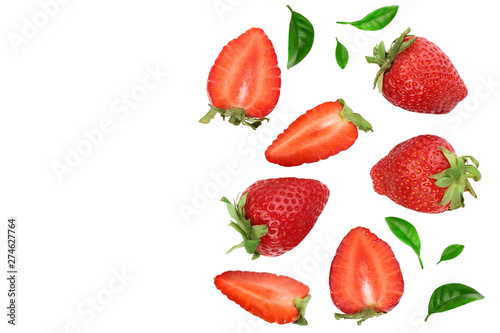 Strawberries decorated with green leaves isolated on white background with copy space for your text. Top view. Flat lay pattern
