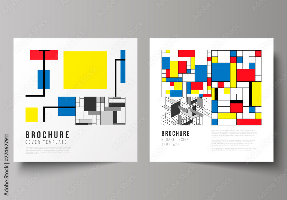 The minimal vector layout of two square format covers design templates for brochure, flyer, magazine. Abstract polygonal background, colorful mosaic pattern, retro bauhaus de stijl design. The minimal vector layout of two square format covers design templates for brochure, flyer, magazine. Abstract polygonal background, colorful mosaic pattern, retro bauhaus de stijl design.
