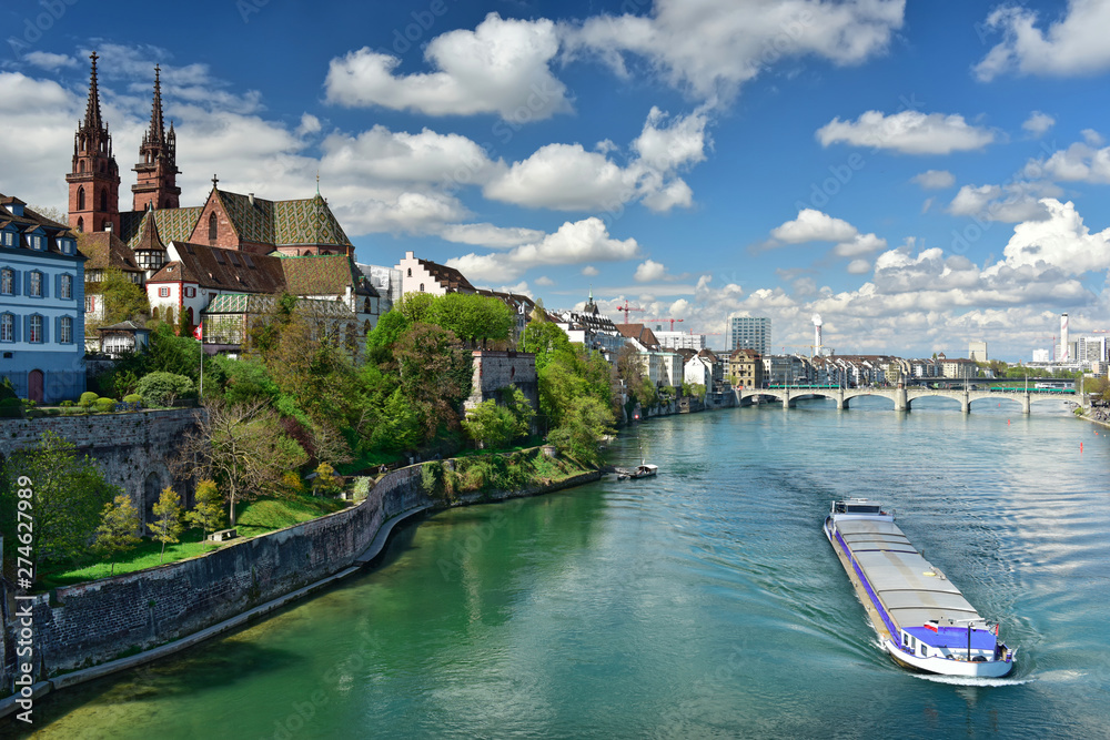 Old town Grossbasel with Basler Muenster Cathedral on the banks of the  Rhine river. Basel, Switzerland. Stock Photo | Adobe Stock