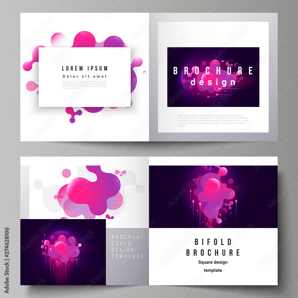 The black colored vector layout of two covers templates for square design bifold brochure, magazine, flyer, booklet. Black background with fluid gradient, liquid pink colored geometric element.