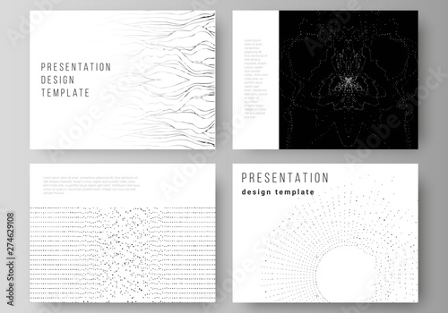 The minimalistic abstract vector illustration layout of the presentation slides design business templates. Trendy modern science or technology background with dynamic particles. Cyberspace grid.