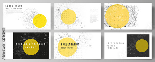 The minimalistic abstract vector illustration layout of the presentation slides design business templates. Science or technology 3d background with dynamic particles. Chemistry and science concept.