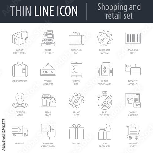 Icons Set of Shopping And Retail. Symbol of Intelligent Thin Line Image Pack. Stroke Pictogram Graphic for Web Design. Quality Outline Vector Symbol Concept Collection. Premium Mono Linear