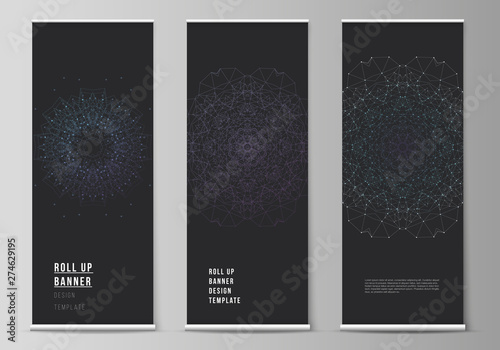 The vector layout of roll up banner stands, vertical flyers, flags design business templates. Big Data Visualization, geometric communication background with connected lines and dots.