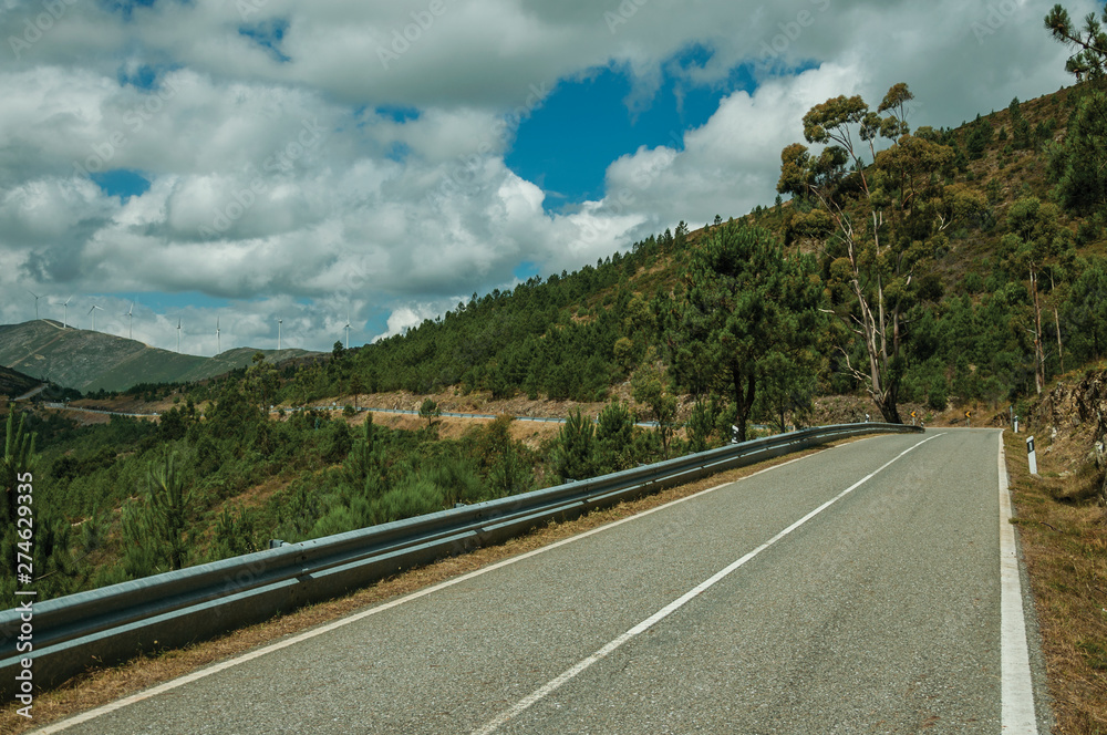 Road passing through hilly landscape covered by forest Road passing through hilly landscape covered by forest