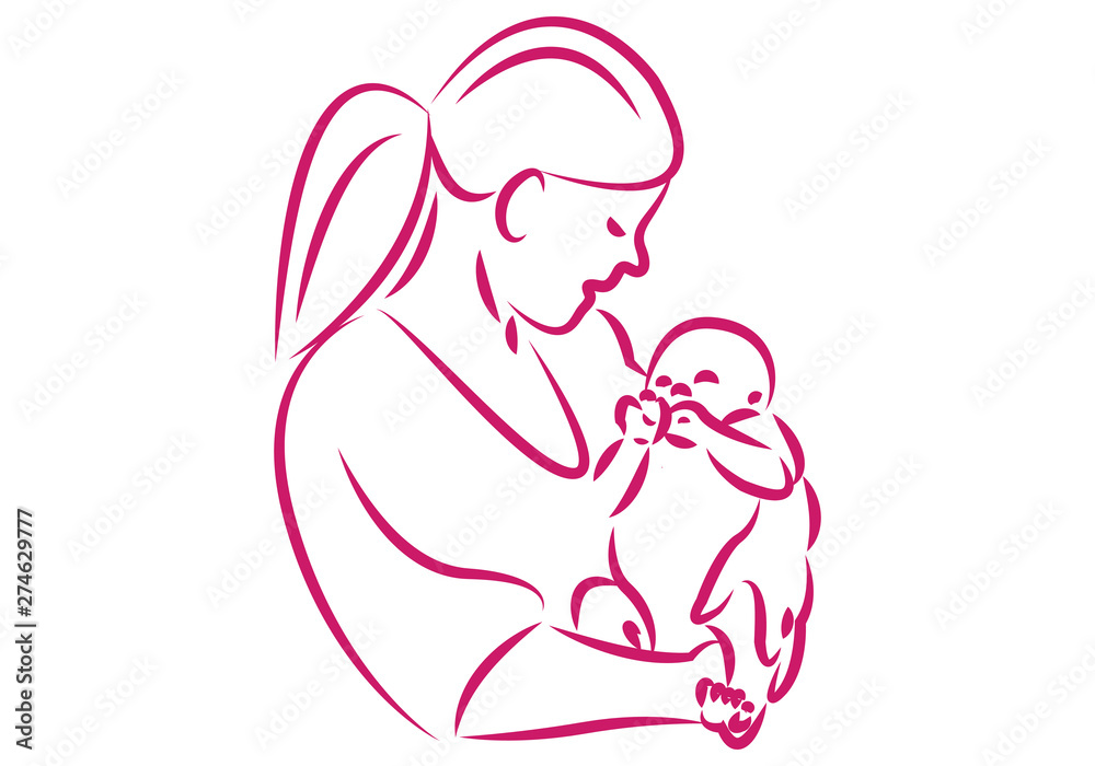 Trazos rosas de una mujer acunando a un bebe. 