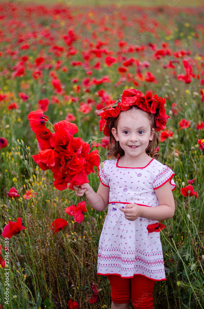 a little girl in a bright dress with an ornament stands among a poppy field a little girl in a bright dress with an ornament stands among a poppy field
