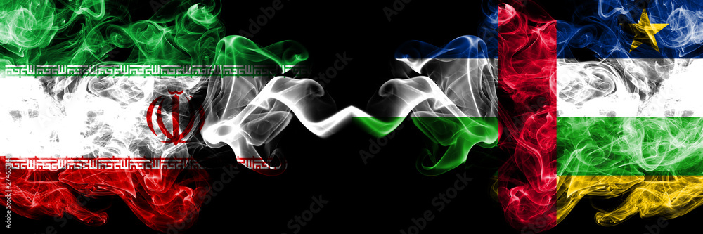Iran vs Central African Republic smoky mystic states flags placed side by side. Thick colored silky smokes flag combination of Iranian and Central African Republic Iran vs Central African Republic smoky mystic states flags placed side by side. Thick colored silky smokes flag combination of Iranian and Central African Republic