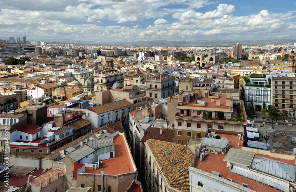 VALENCIA, SPAIN: Over the roofs of Valencia, Spain. Aerial view of the historic cityscape from Valencia Cathedral.
