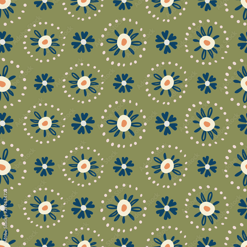 Pretty doodled flowers seamless pattern with dotted circle borders. Mint green with navy blue, tan and off white. Great for textiles, stationery items, scrapbooking paper and product packaging.