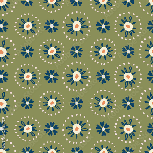 Pretty doodled flowers seamless pattern with dotted circle borders. Mint green with navy blue  tan and off white. Great for textiles  stationery items  scrapbooking paper and product packaging.