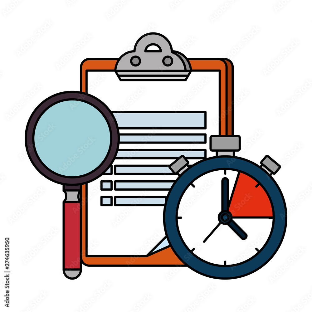 checklist clipboard with chronometer and magnifying glass