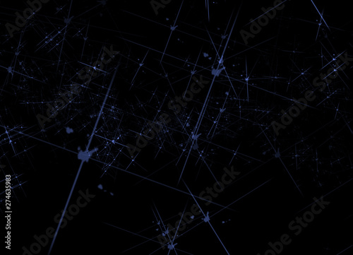  illustration of a futuristic cyberspace flight through light blue grid with gleaming spots  triangular facets  searchlights and a network of pyramid looking links in the dark blue backdrop
