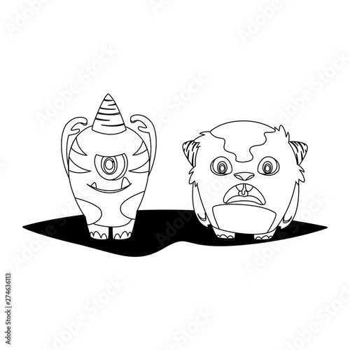 funny monsters couple comic characters monochrome