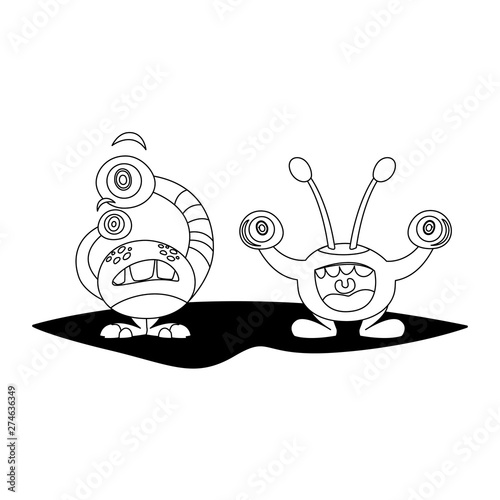 funny monsters couple comic characters monochrome