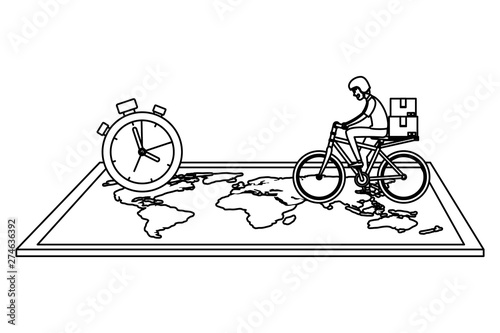 worker of delivery service in bicycle with chronometer and map