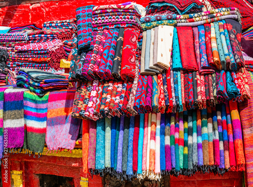 Kashmir scarf display on the street standon in Kathmandu, Nepal.
