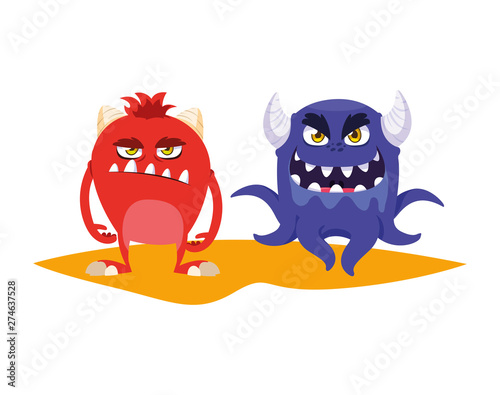 funny monsters couple comic characters colorful