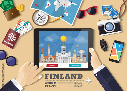 Hand holding smart tablet booking travel destination.Finland famous places.Vector concept banners in flat style with the set of traveling objects, accessories and tourism icon.