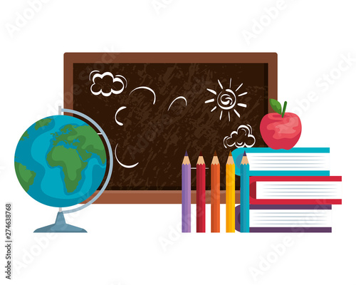 school chalkboard with world map and supplies