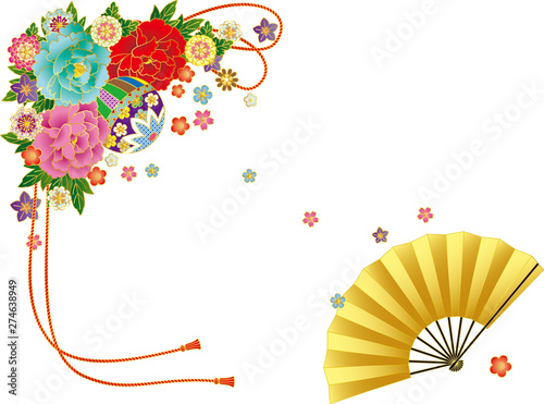 和風の花と扇子.背景素材.ベクターイラスト