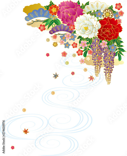 和風の花と流水文様 背景素材 ベクターイラスト Stock Vector Adobe Stock