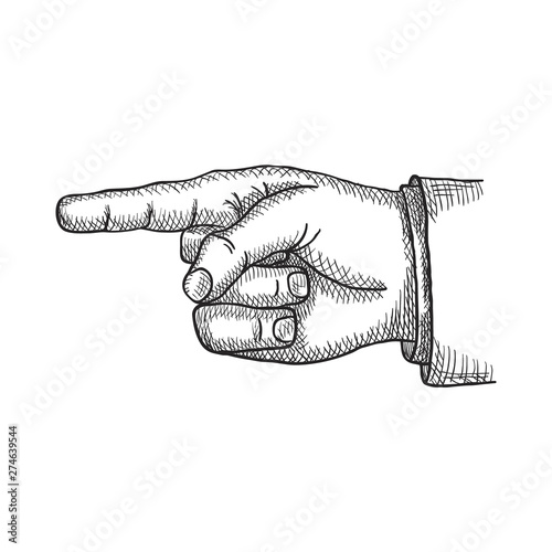 Pointing finger. Black vintage engraved illustration isolated on a white background. Vector