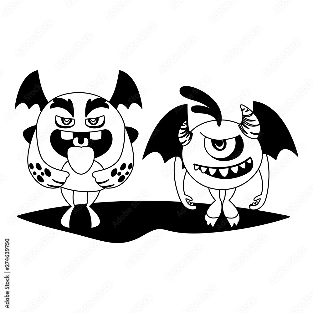 Fototapeta premium funny monsters couple comic characters monochrome
