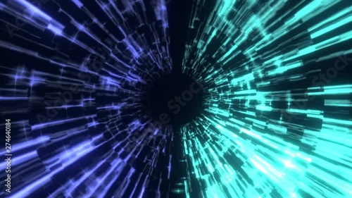 The travel through a blue wormhole filled with star. Warp in science black hole vortex hyperspace tunnel.
