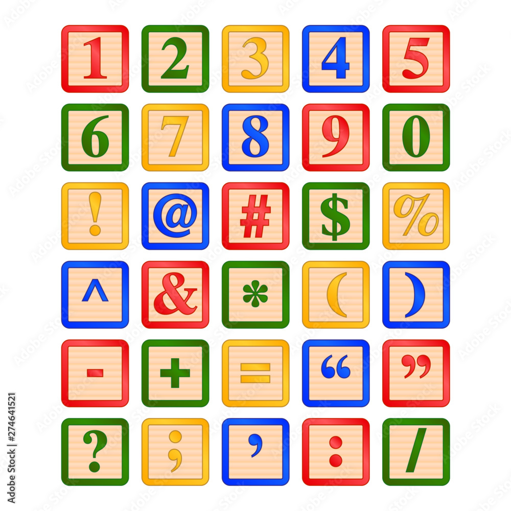 numbers and symbols children's wooden alphabet block vector graphic icon illustration