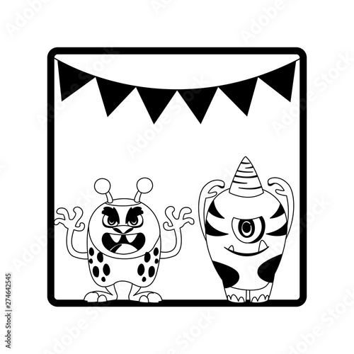 monochrome frame with monsters and garlands hanging