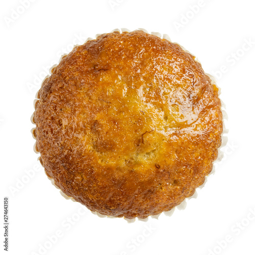 Banana cupcake muffin isolated on white. Top view.