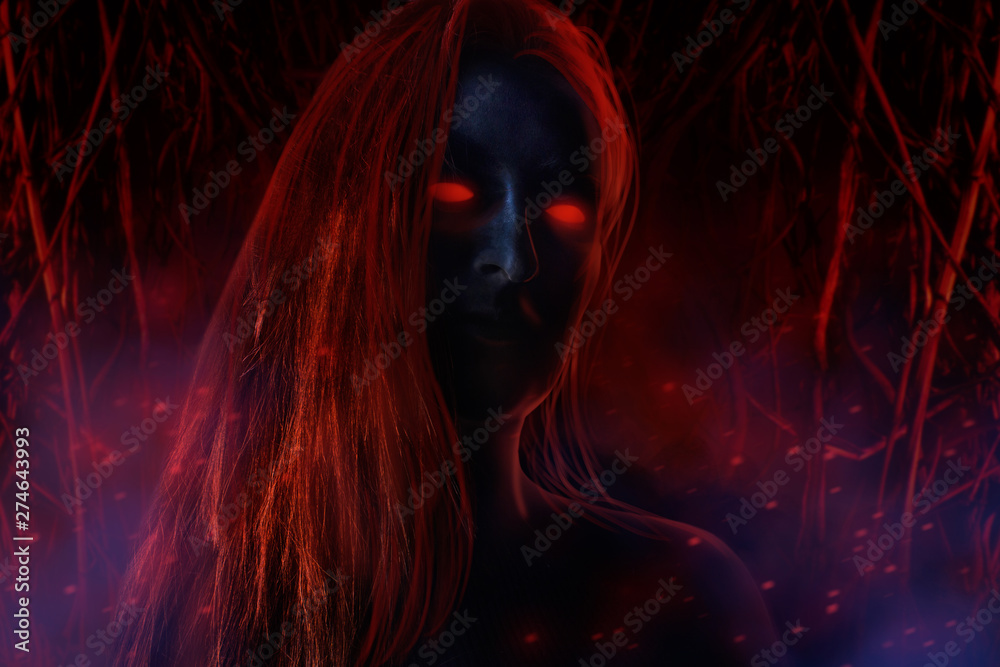 Ghost woman with dark skin, red blind eyes and red hair on night burning wood background