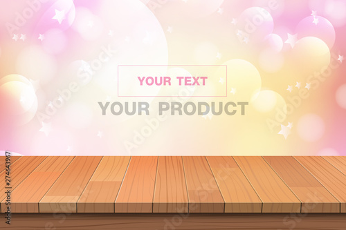 vector wood table top on pink bokeh abstract background