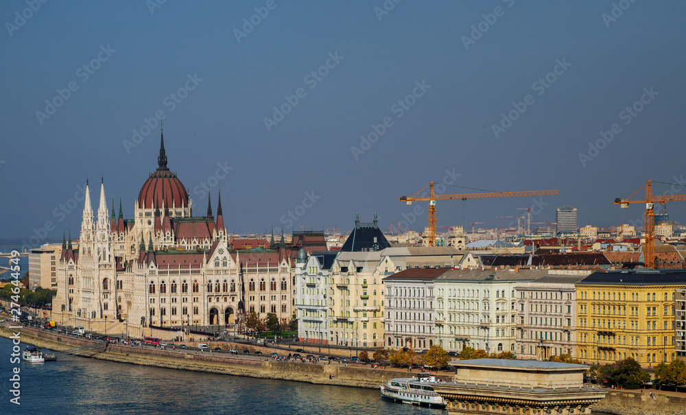 Budapest Hungary panoramic view from above on landmarks of at summer Parliament Building
