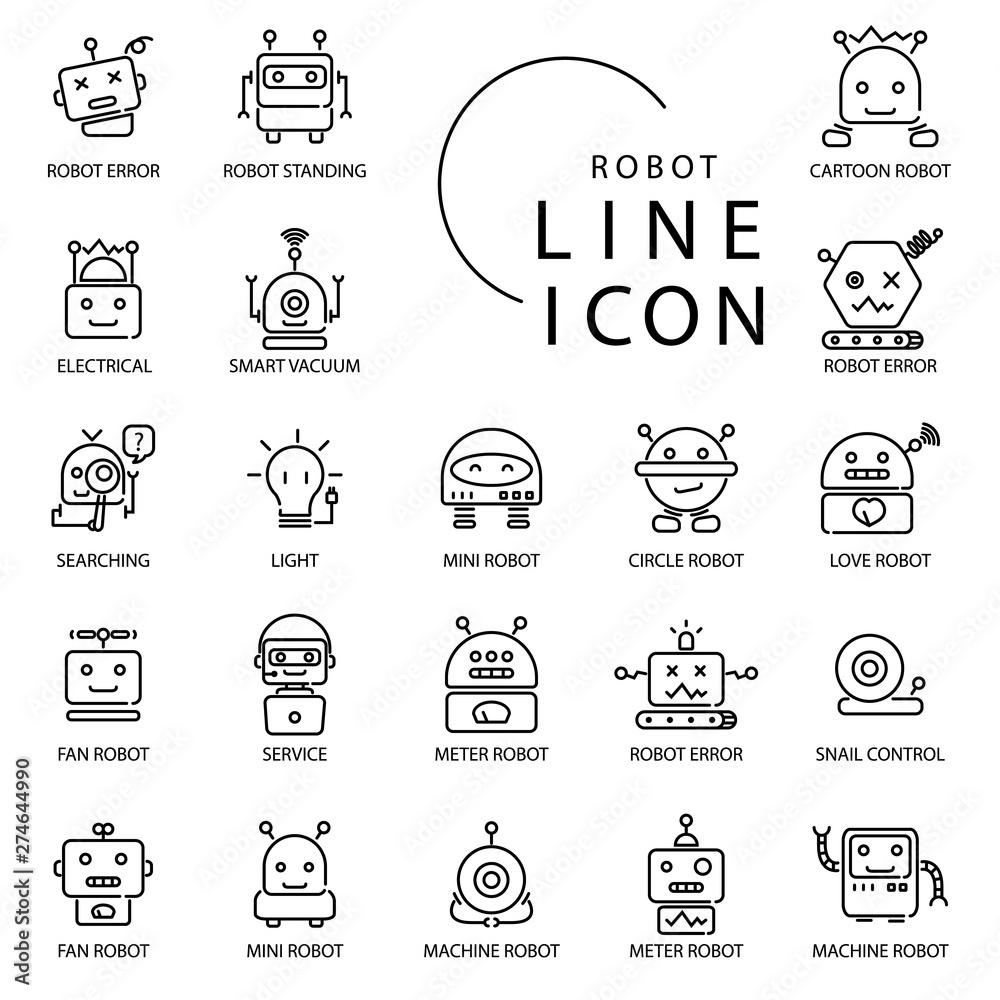 Fototapeta premium Simple line icon about robot technology. Include robot,light,vacuum cleaner and more