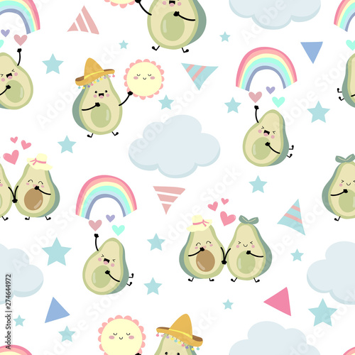 Green blue avocado seamless pattern with rainbow and heart.Avocado couple  vector illustration for background,wallpaper,frabic
