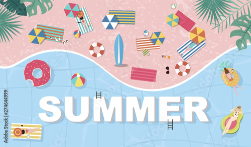 Summer background with tiny people,umbrellas, ball,swim ring,sunglasses,surfboard,hat,sandals in the top view beach.Vector summer banner