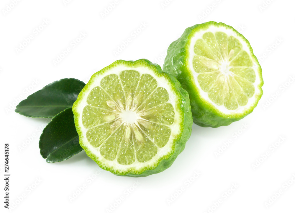 Fresh bergamot fruit slice with green leaf isolated on white background, herb and medical Fresh bergamot fruit slice with green leaf isolated on white background, herb and medical