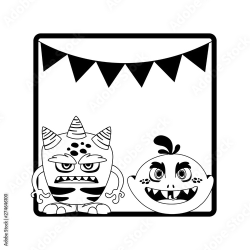 monochrome frame with monsters and garlands hanging