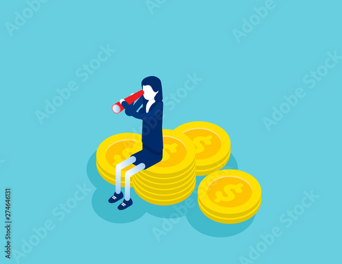 Businessmwoan looking for investment. Concept isometric business investor vector illustration, Successfully, Finance and Economy, Financial. Isometric flat cartoon character style design.